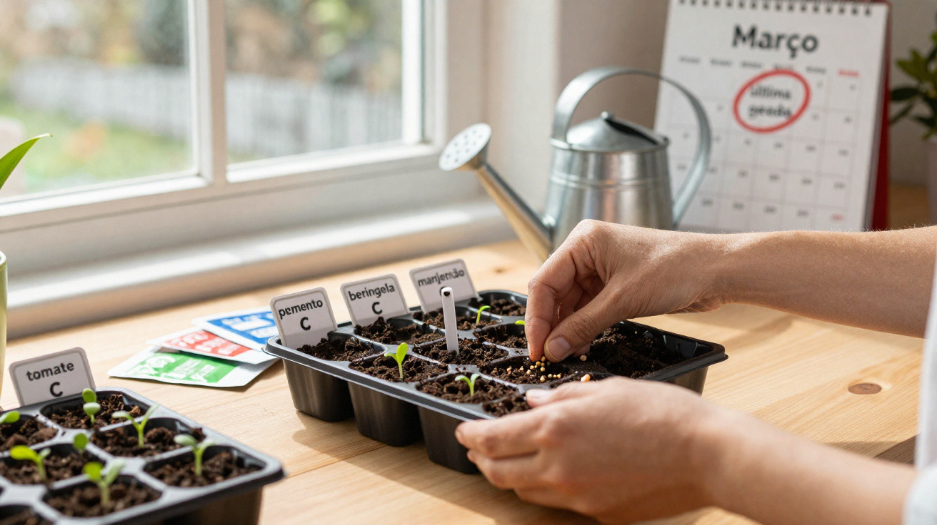 Person planting seeds in labelled seedling trays on a wooden table near a window with a calendar.