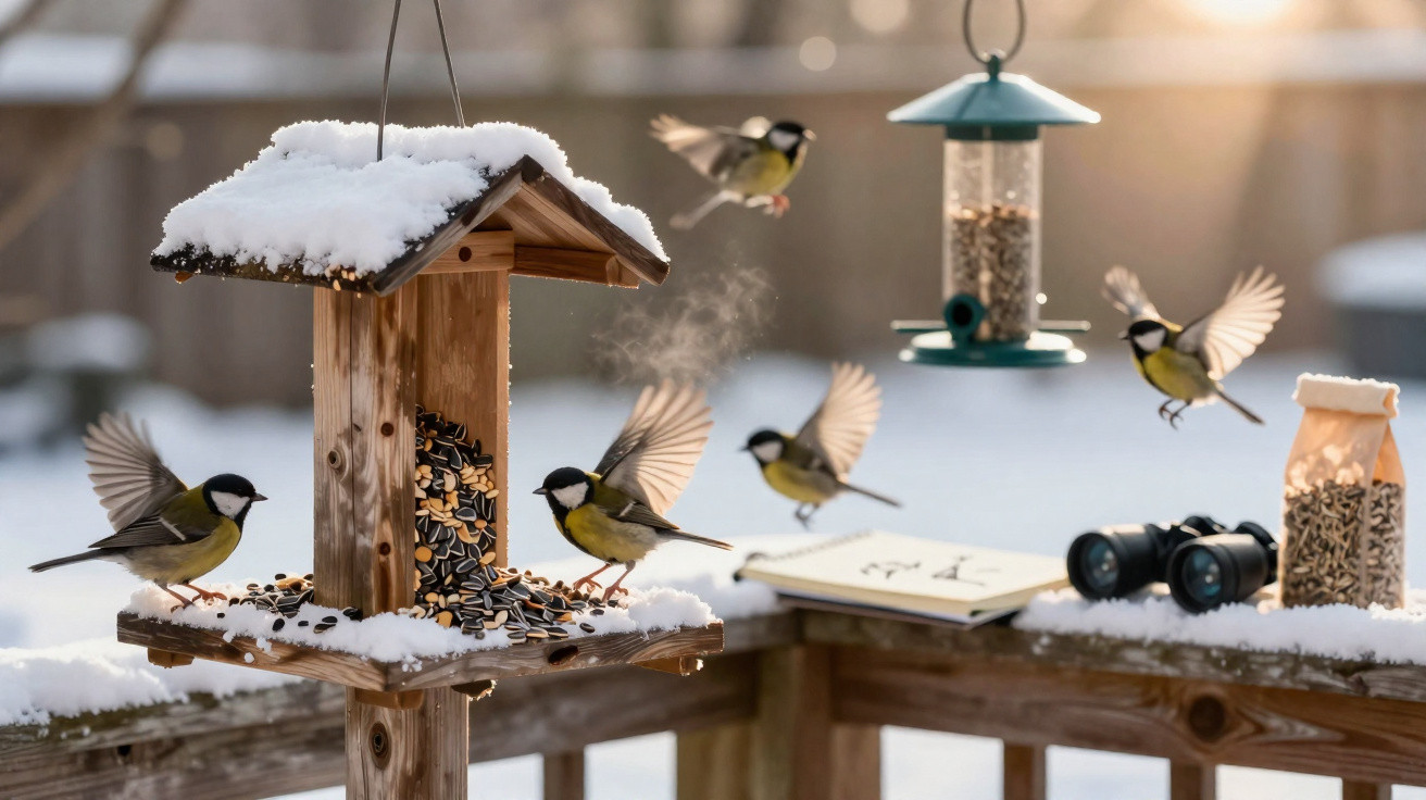 Snow-covered wooden bird feeder with five great tits flying and feeding on sunflower seeds in winter.