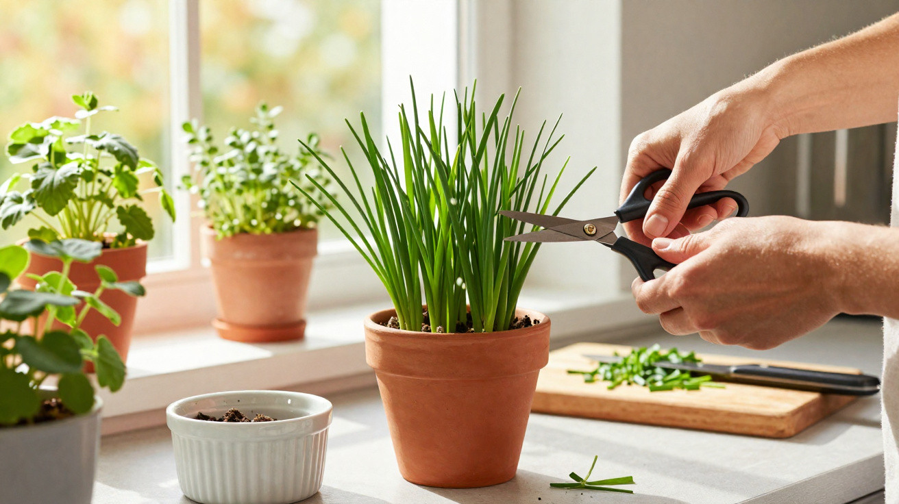 Hands using scissors to trim fresh chives growing in a terracotta pot on a windowsill garden.