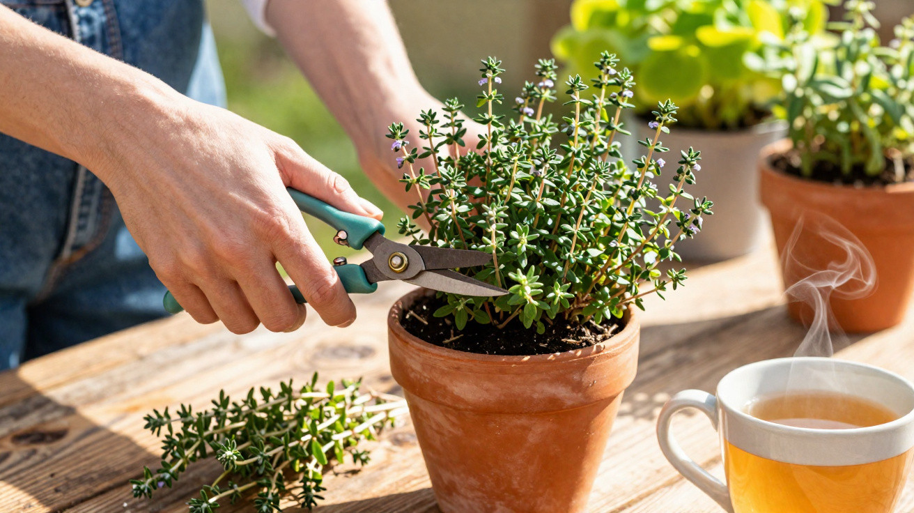 Person pruning a potted herb plant on a wooden table with a steaming cup of tea nearby.