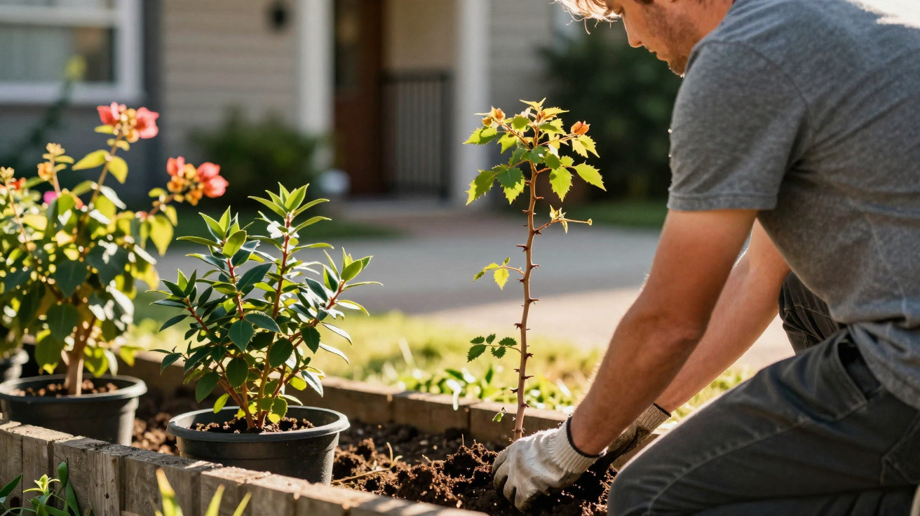Man planting young rose bushes in a raised garden bed outdoors on a sunny day.