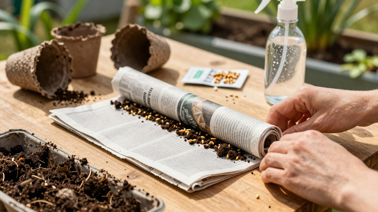 Hands rolling a newspaper with soil and seeds inside for seed tape planting on a wooden table outdoors.