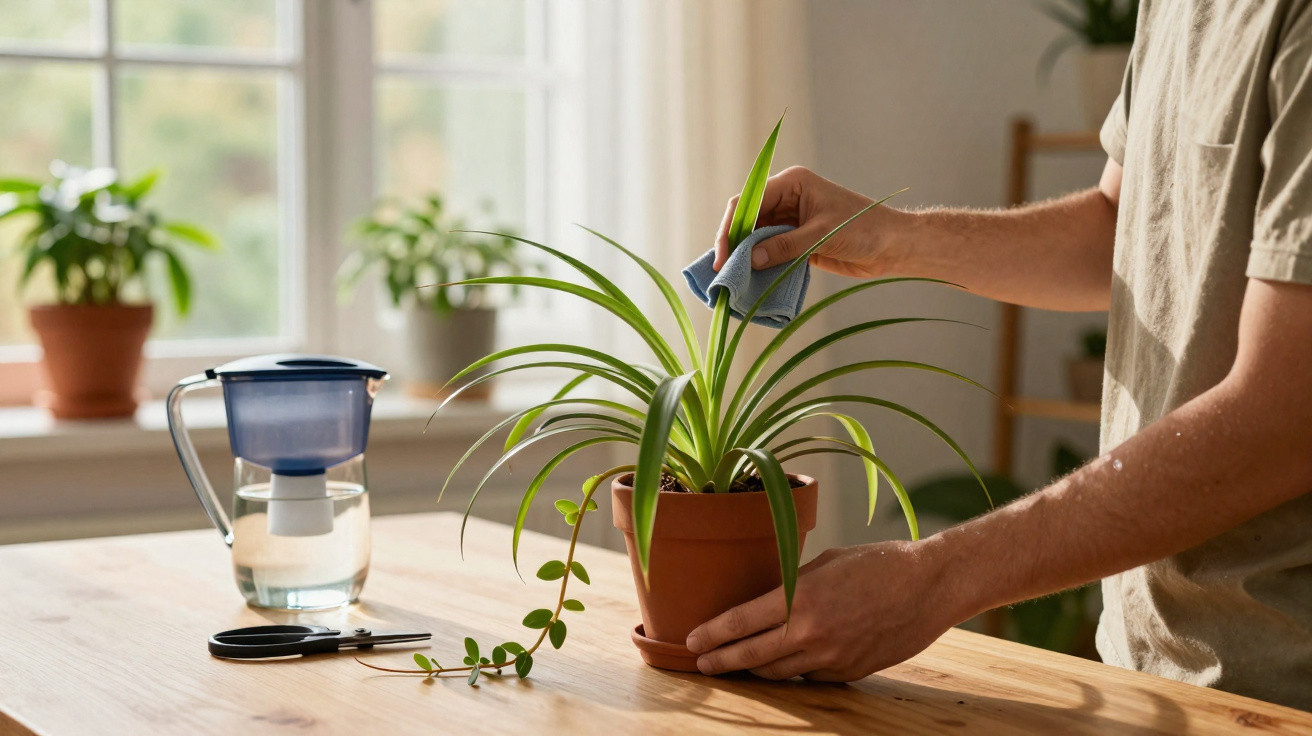 Person cleaning leaves of a potted spider plant on a wooden table near a water filter jug and scissors.