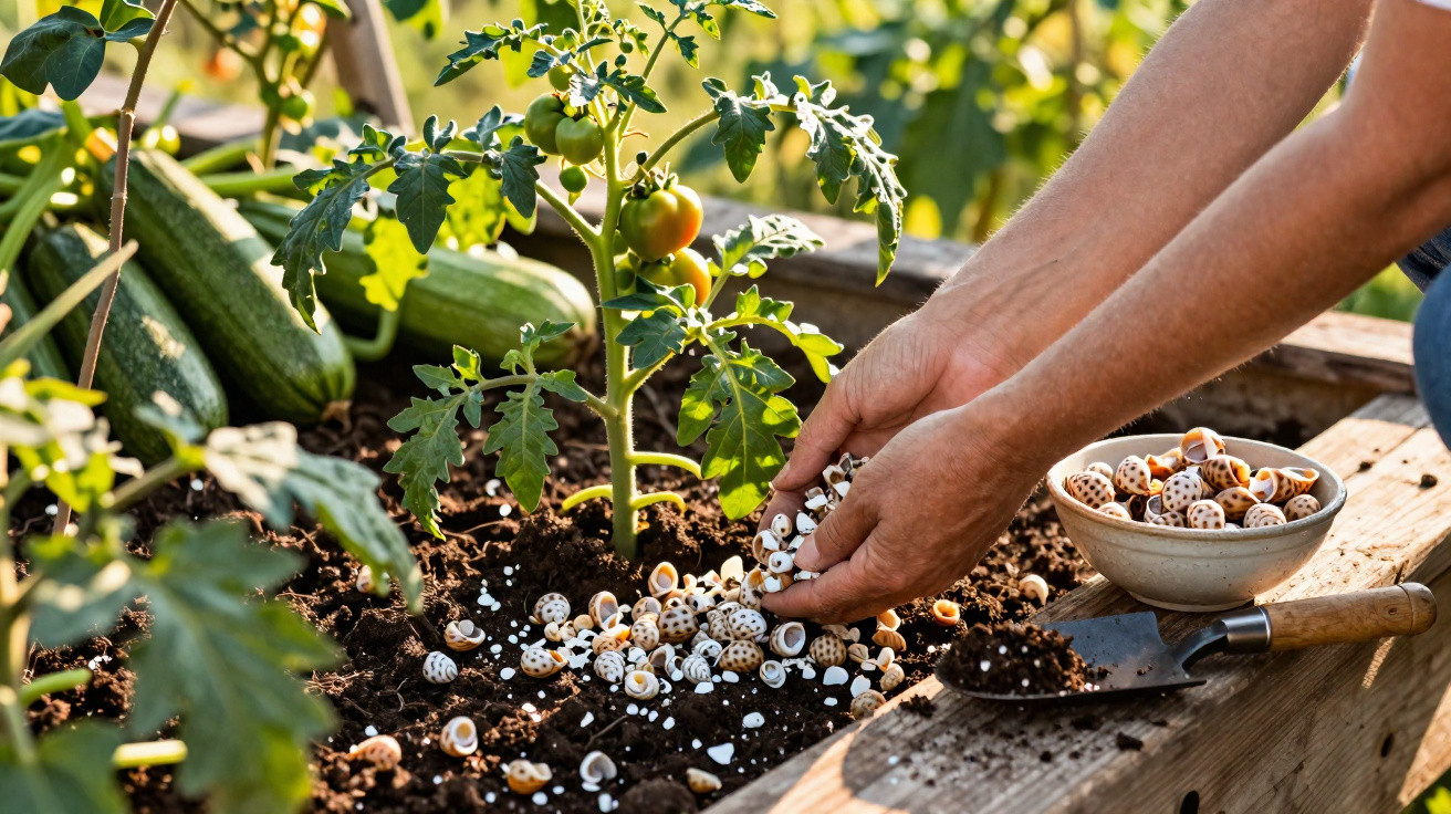Hands sprinkling snail shells onto soil around a growing tomato plant in a raised garden bed with cucumbers nearby.
