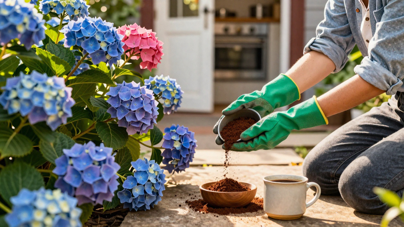 Person in green gloves pouring soil into a wooden bowl next to colourful hydrangea flowers outdoors.