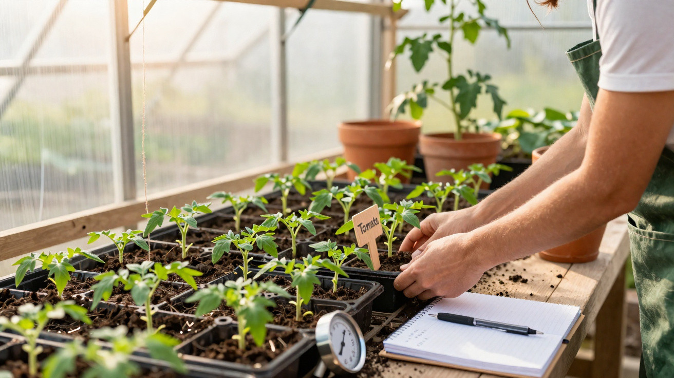 Person tending to young tomato plants in a greenhouse with a notebook and gardening thermometer nearby.