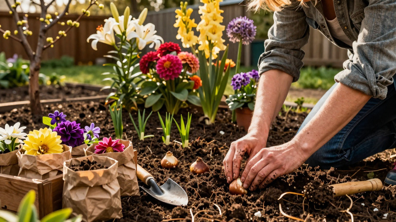 Person planting flower bulbs in soil with various colourful flowers and gardening tools nearby outdoors.