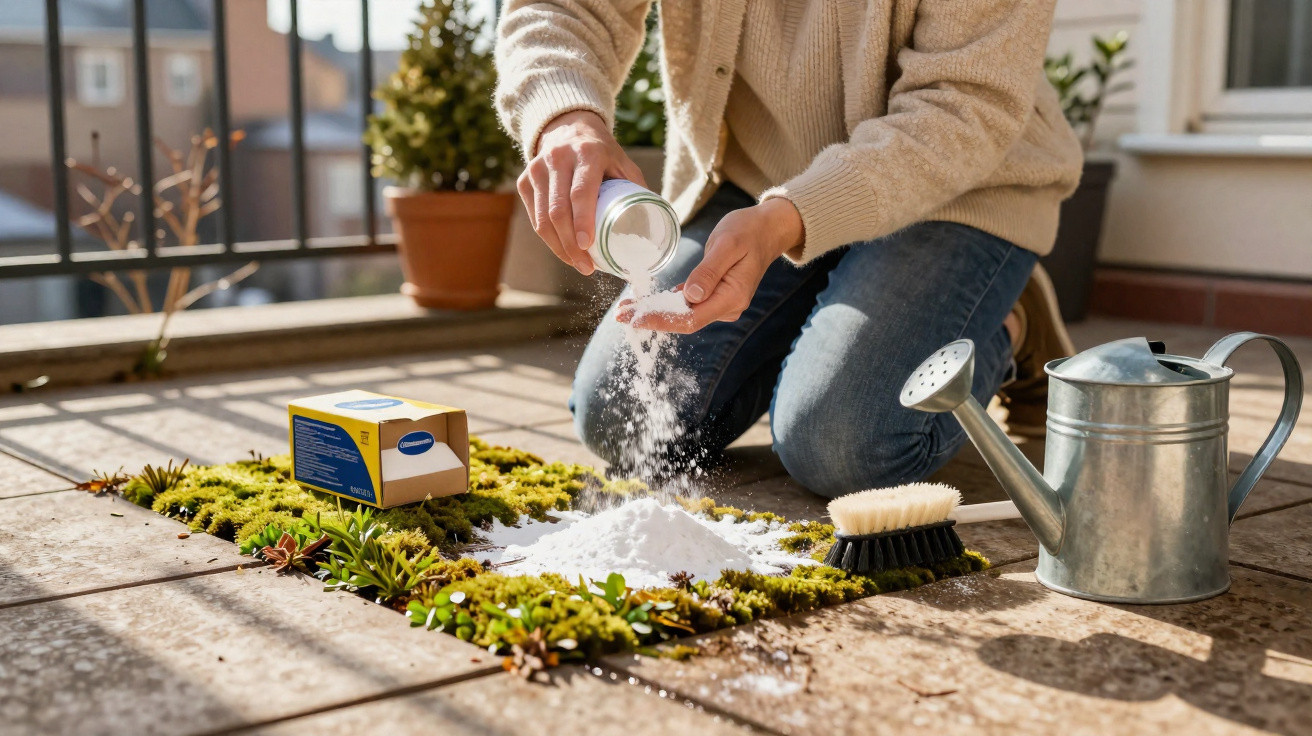 Person sprinkling baking soda over moss on a tiled balcony floor with gardening tools nearby.