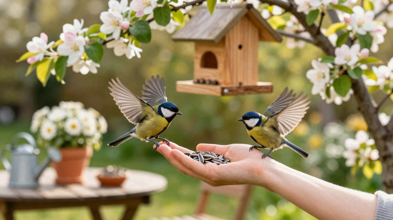 Two blue tits feeding on sunflower seeds from a person's outstretched hand in a garden with blossom.