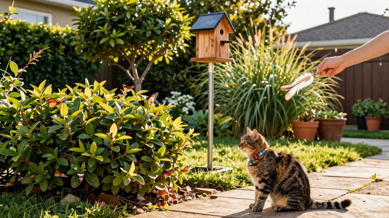Tabby cat with a colourful collar watching a feather toy in a sunlit garden near a birdhouse and bushes.