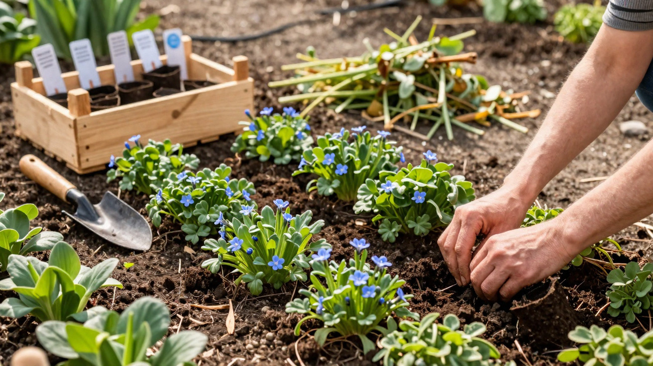 Person planting small blue flowers in soil with gardening tools and plant markers nearby.