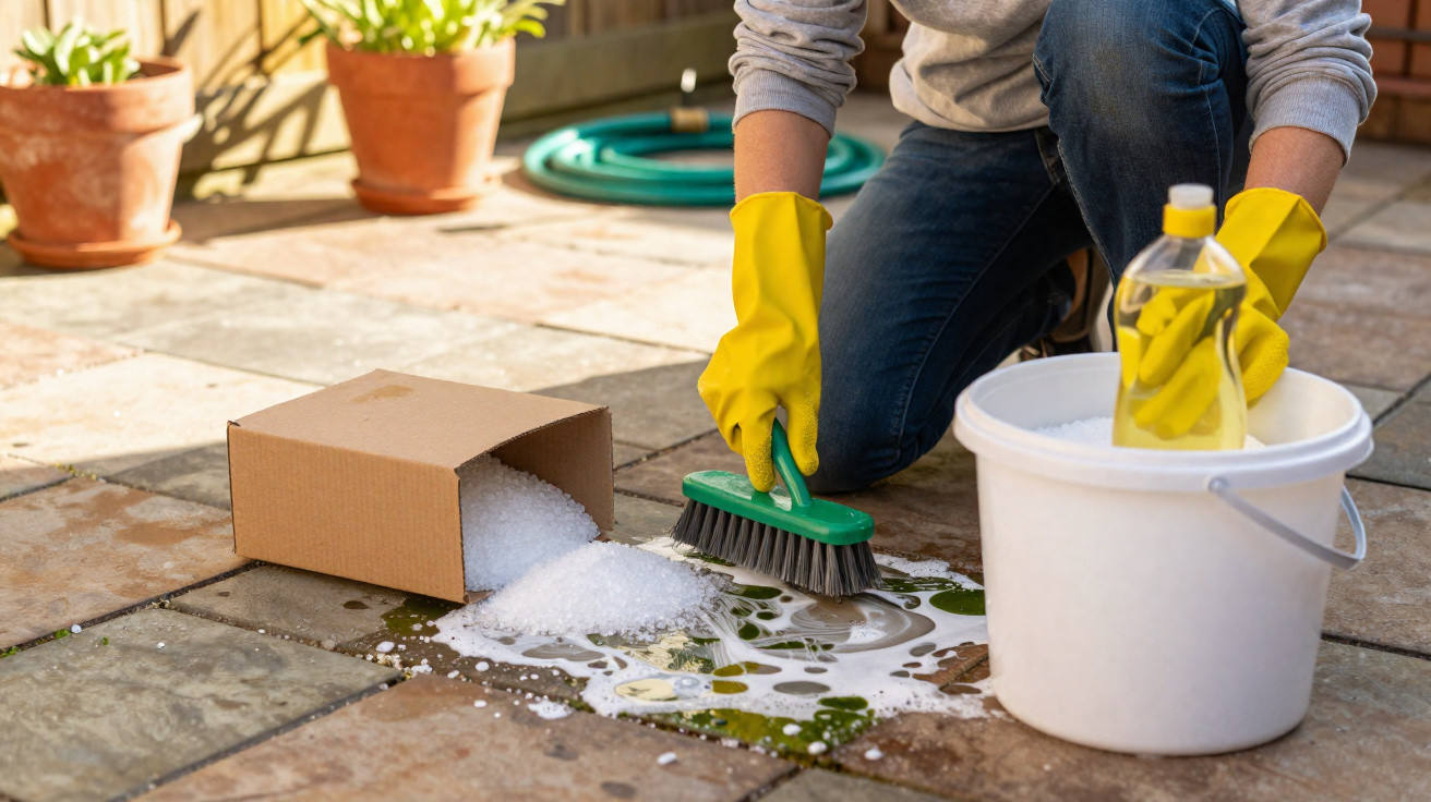 Person wearing yellow gloves scrubbing patio tiles with brush, detergent, and spilled cleaning powder nearby.