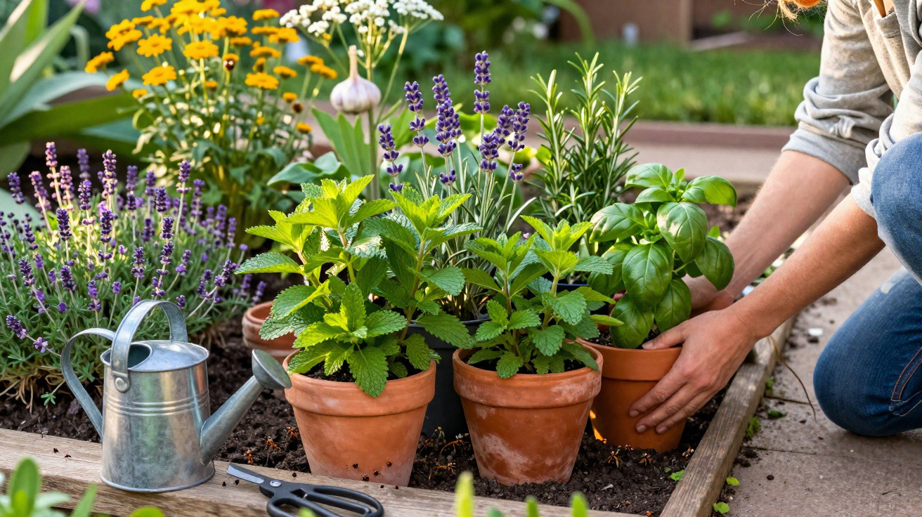 Person planting herbs in terracotta pots in a garden with watering can and scissors nearby