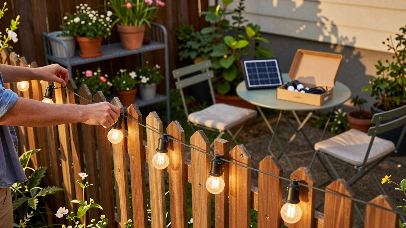 Person hanging string lights on wooden fence in garden with potted plants and outdoor table with chairs.