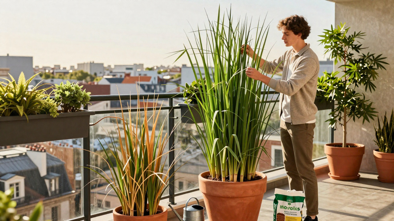 Young man tending to tall potted plants on a balcony with city buildings in the background on a sunny day.