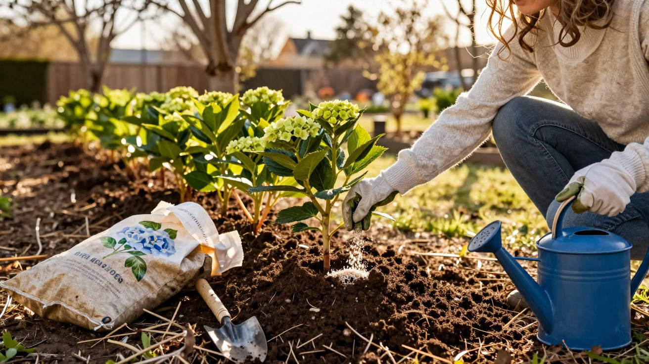 Person watering newly planted hydrangea bushes in a garden on a sunny day with gardening tools nearby.
