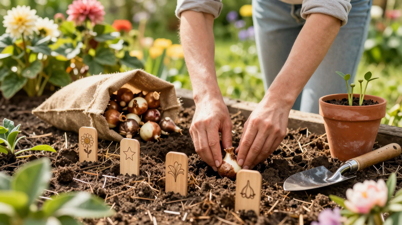 Person planting flower bulbs in soil with wooden plant markers and gardening tools in a garden bed.