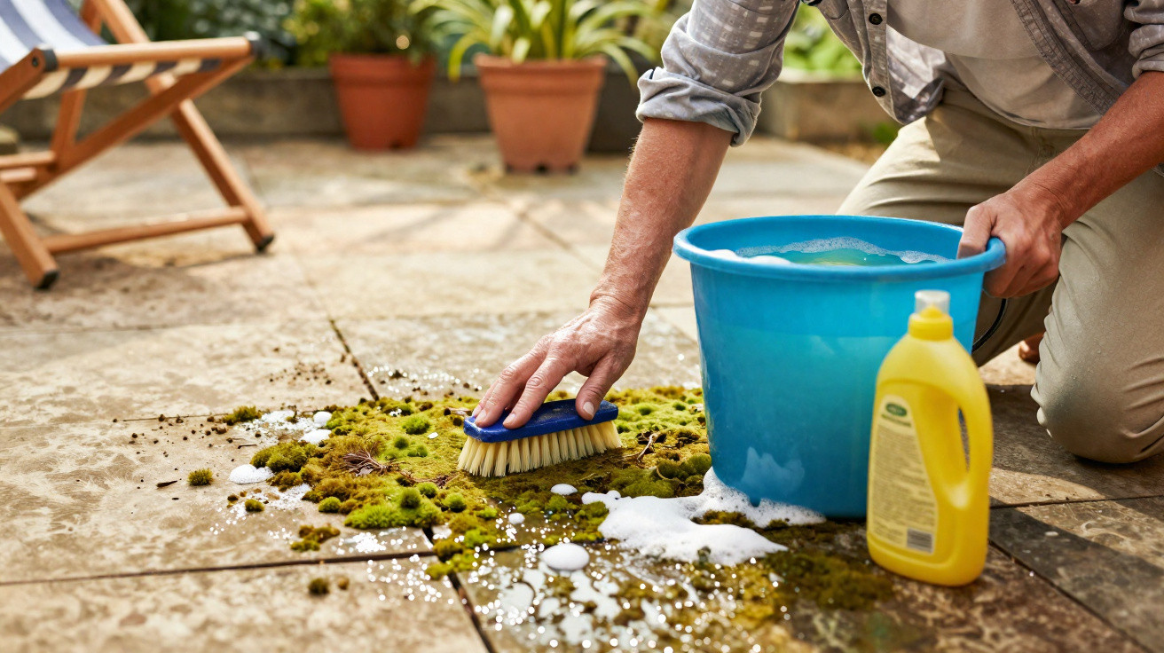 Person scrubbing moss off patio tiles with brush, blue bucket and yellow cleaning bottle nearby.
