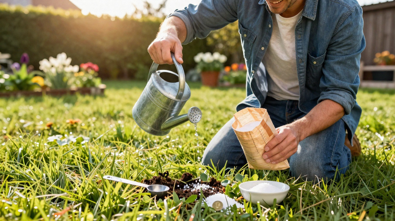 Man watering plants in garden soil with a watering can on a sunny day.