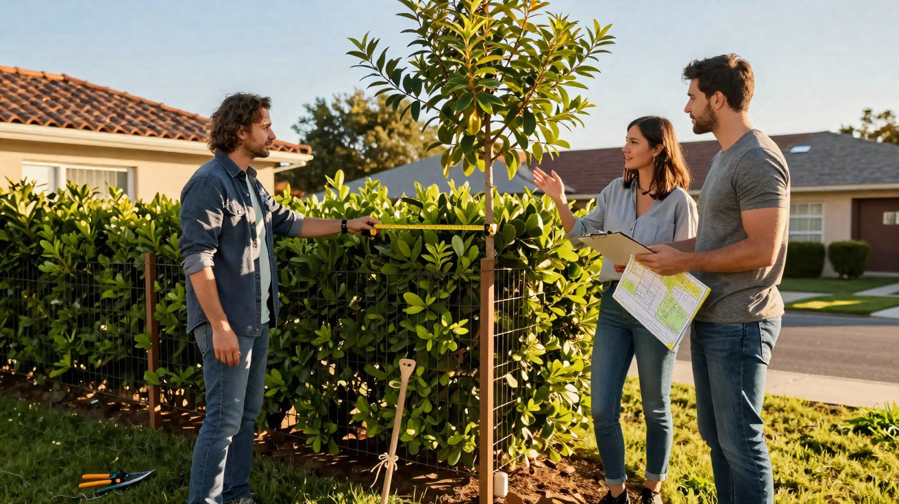 Three people measure and discuss a newly planted tree in a sunny suburban garden.