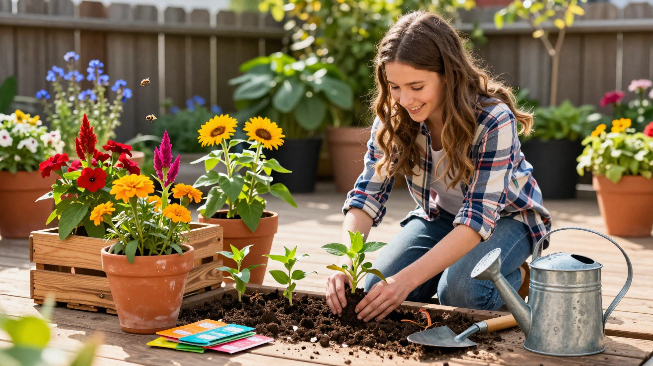 Young woman planting flowers on a wooden deck with gardening tools and colourful potted plants around her.