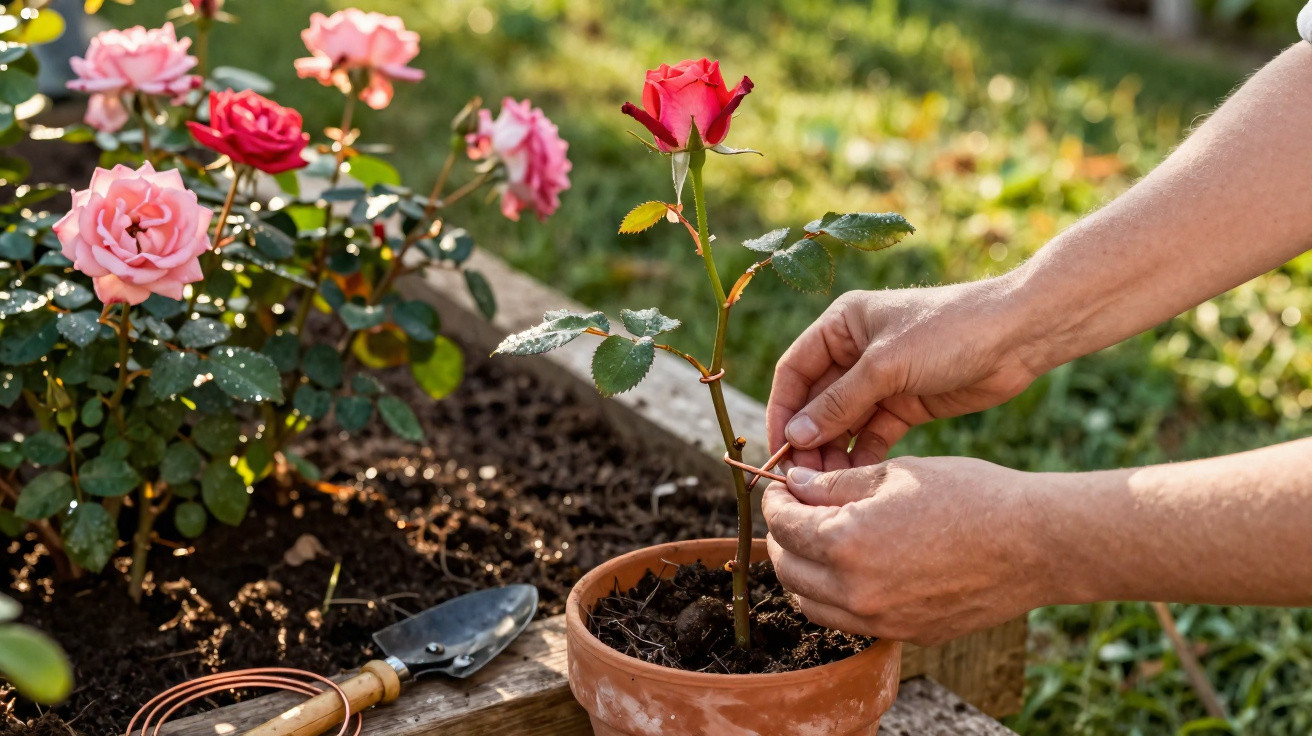 Hands tying a young red rose plant in a pot with garden tools and blooming roses in the background outdoors.