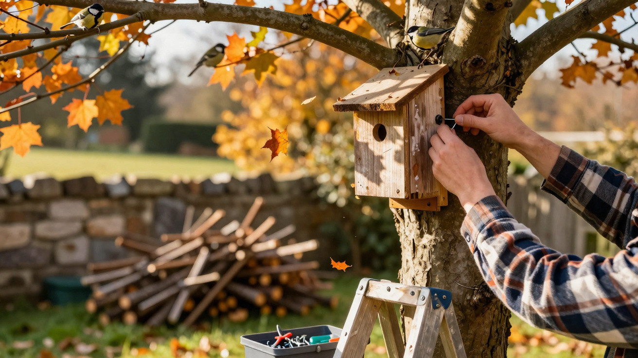 Person installing a wooden birdhouse on a tree in autumn with birds nearby and tools on a ladder.