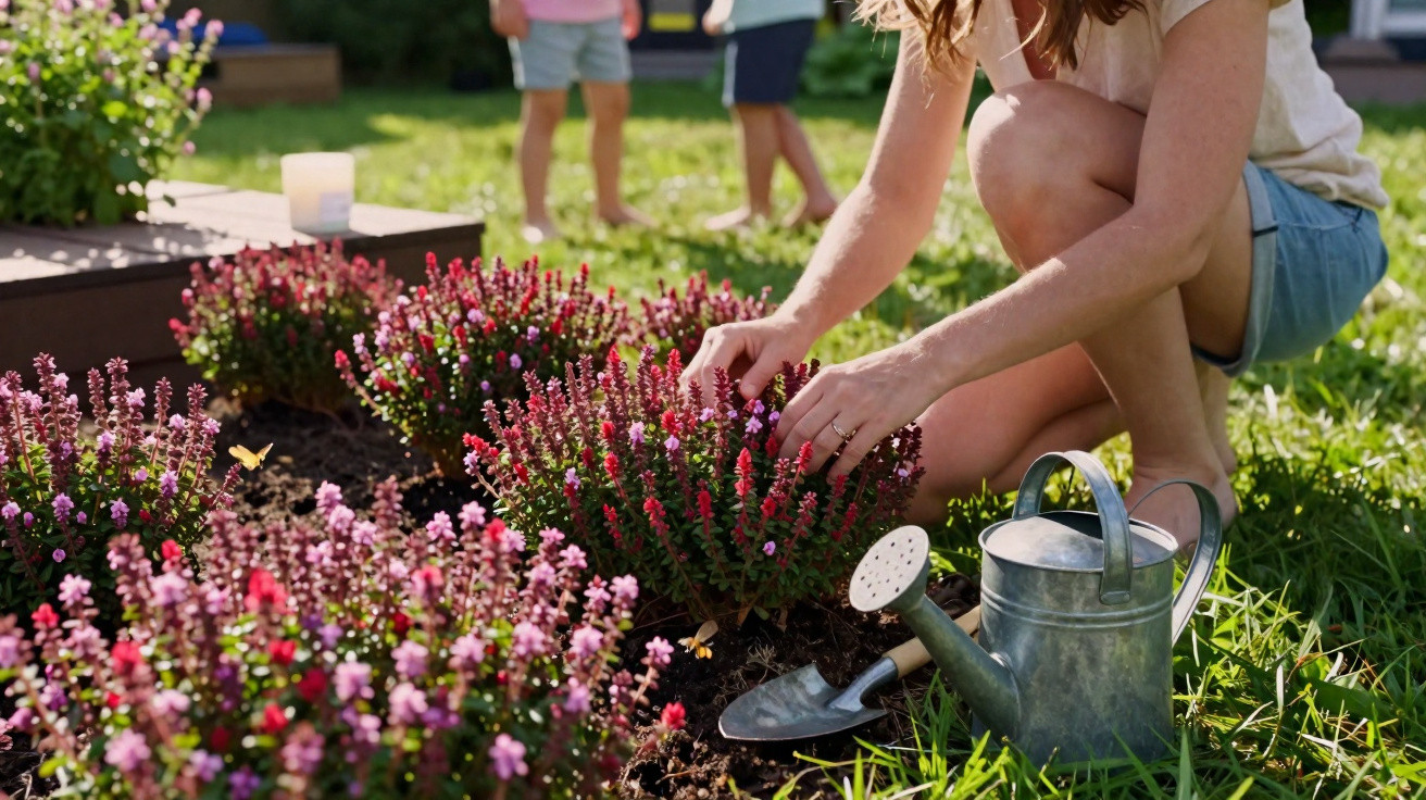 Woman gardening with pink flowers, a watering can, and a small spade on a sunny day outdoors.