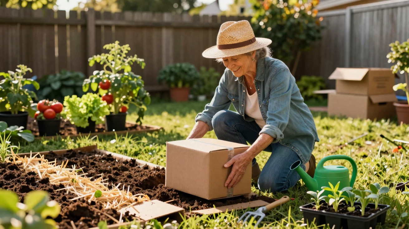 Elderly woman in a straw hat gardening, lifting a cardboard box in a sunny backyard with plants and vegetables.