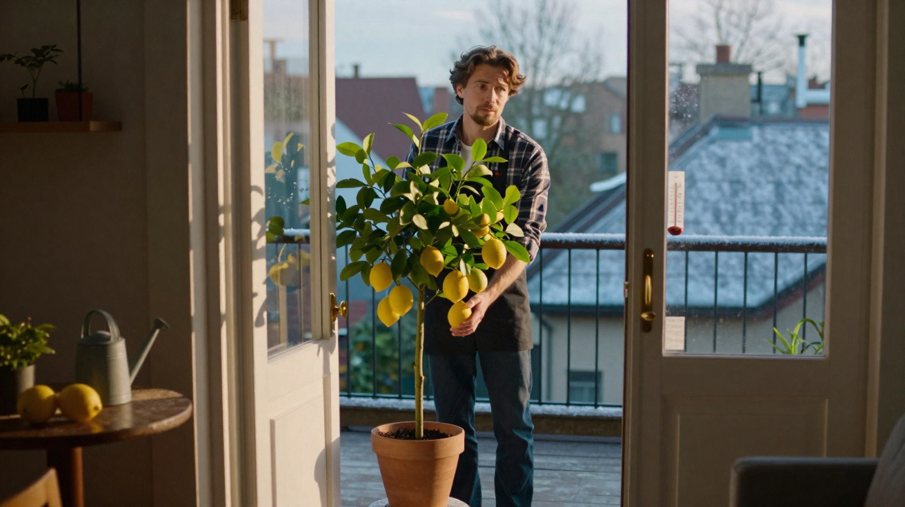 Man holding a potted lemon tree on a balcony outside open glass doors in a cosy home setting.