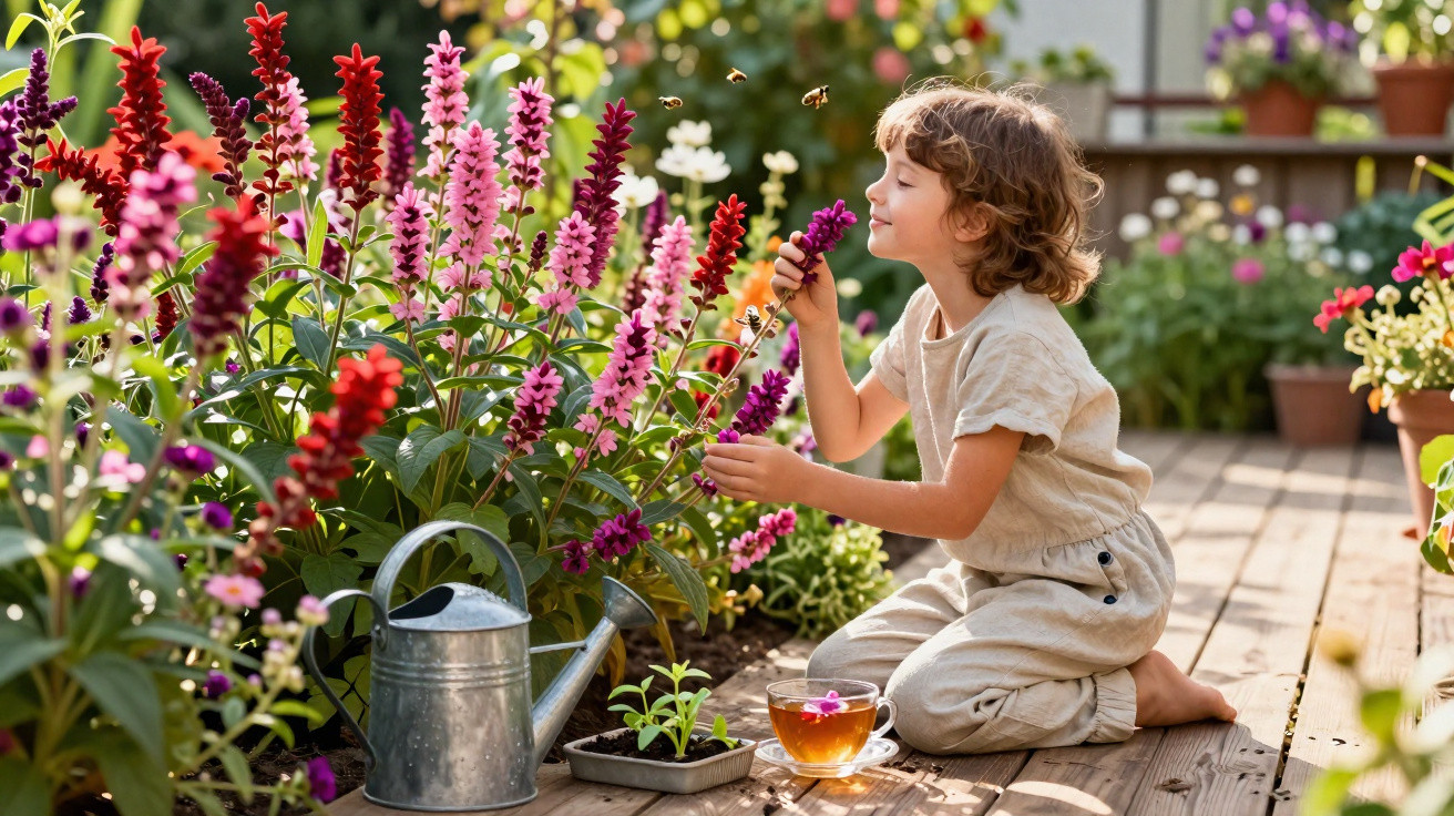 Young child kneeling on wooden deck smelling vibrant flowers with watering can and teacup nearby in garden.