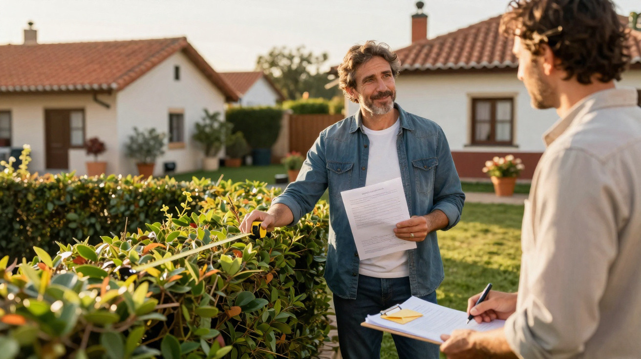 Two men outside houses, one measuring a hedge with a tape measure, the other taking notes on a clipboard.