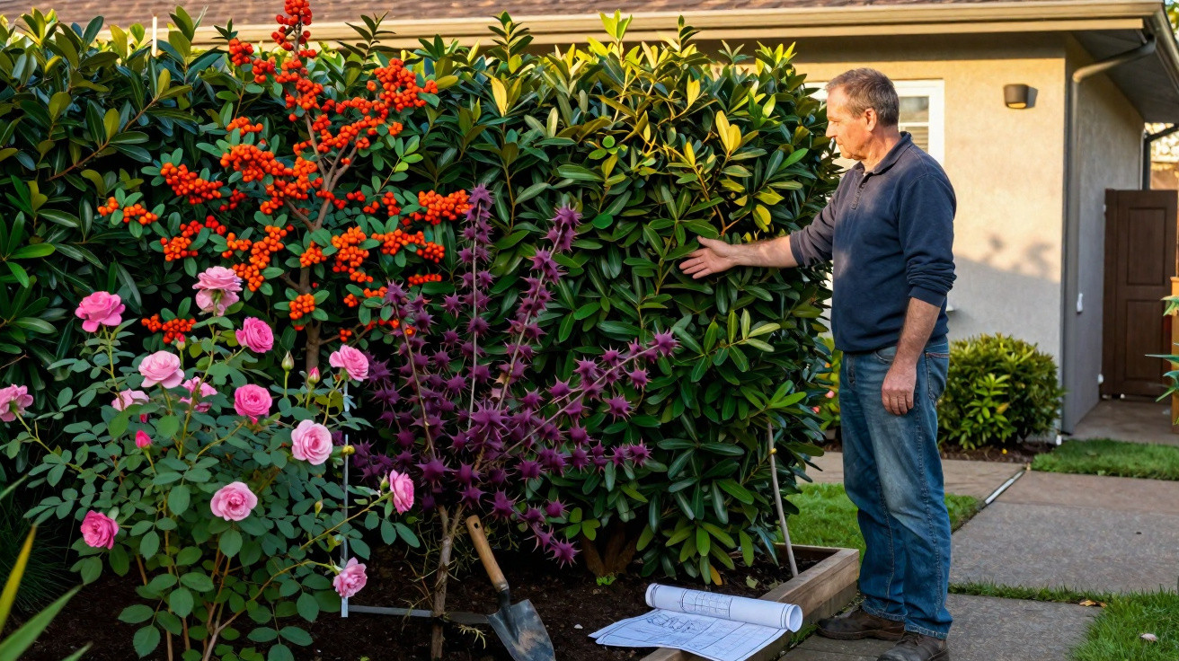 Man examining a garden with blooming pink roses, red berries, and spiky purple plants near a house.
