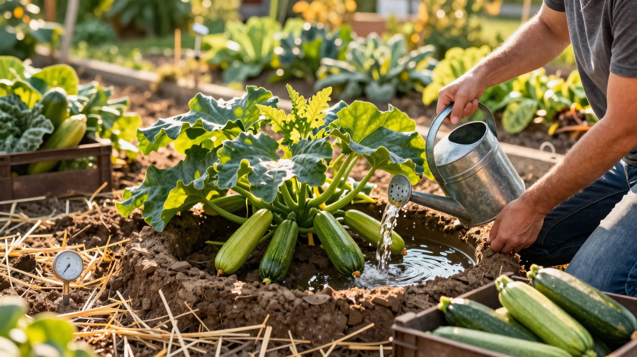 Person watering a healthy zucchini plant in a raised vegetable garden bed on a sunny day.