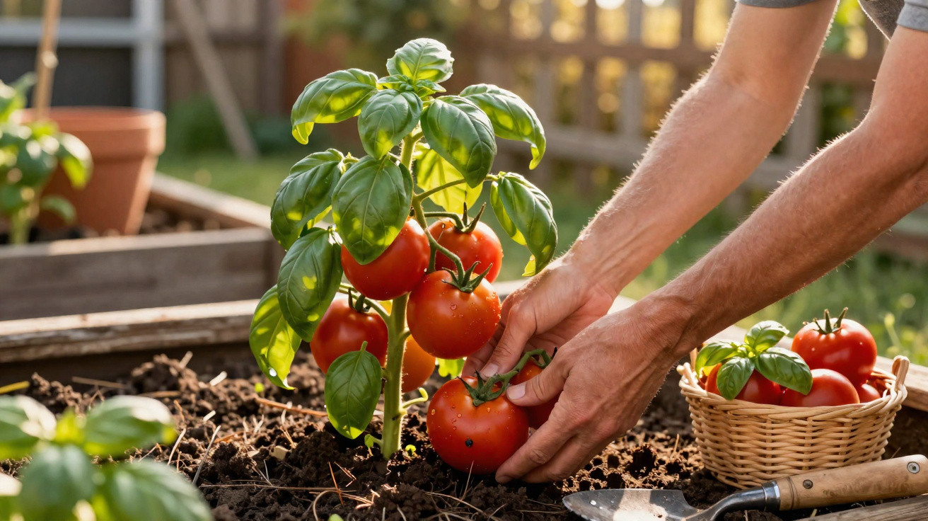 Hands harvesting ripe red tomatoes from a small plant in a garden with a basket and trowel nearby.