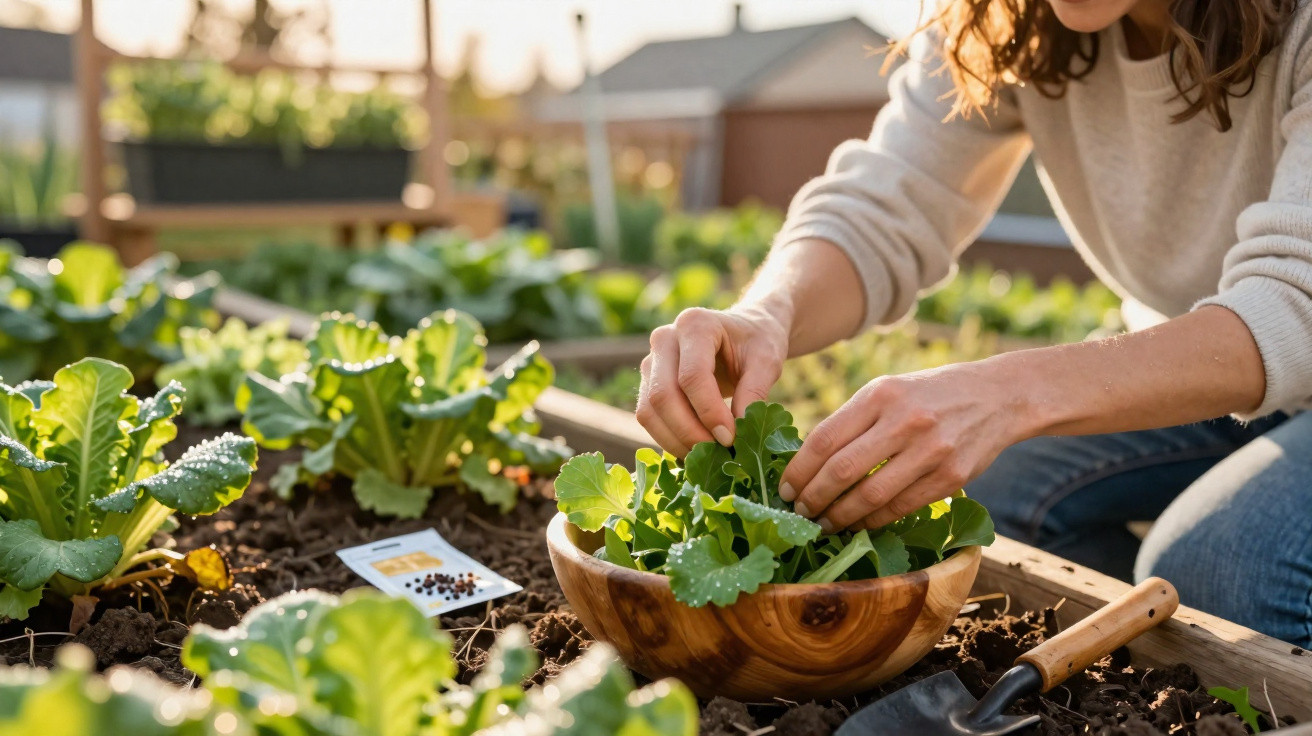 Person harvesting fresh leafy greens into a wooden bowl in a garden bed at sunset.