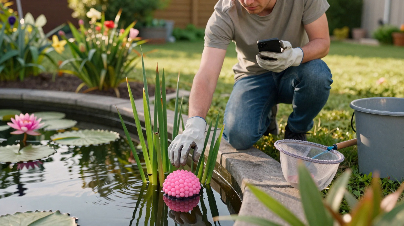 Person in gloves inspecting a floating pink pond aerator in a garden pond with water lilies.