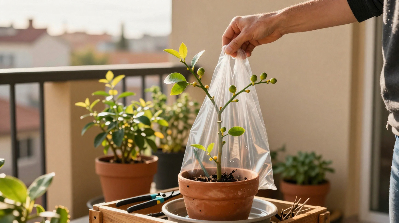 Hand placing a plastic bag over a potted plant on a balcony with other plants nearby.
