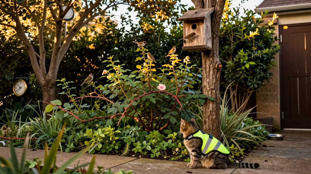 Tabby cat wearing a high-visibility vest watches small birds near a birdhouse in a garden at sunset.