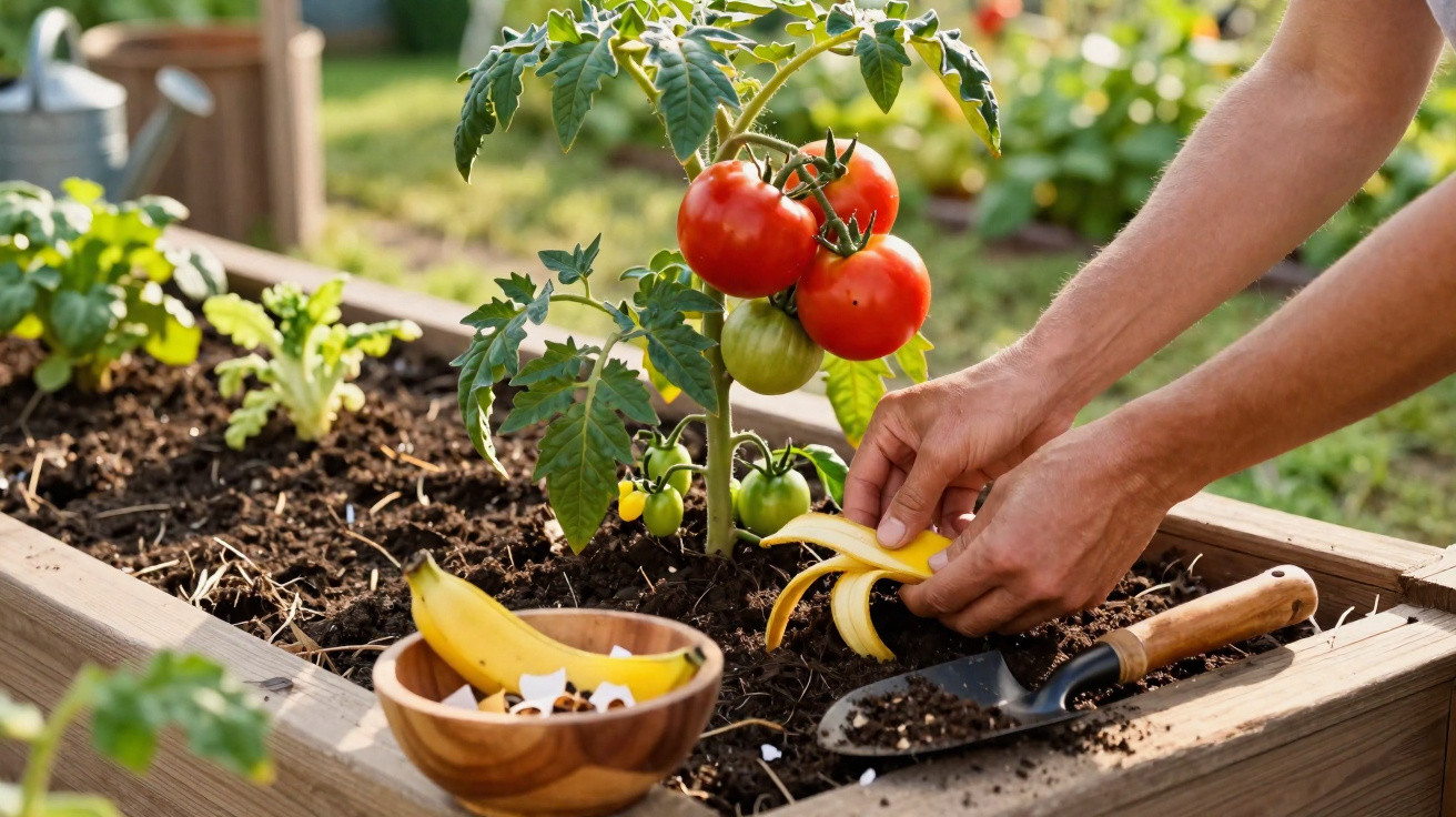 Hands placing a banana peel as compost in a raised garden bed with growing tomato plants and a gardening trowel nearby