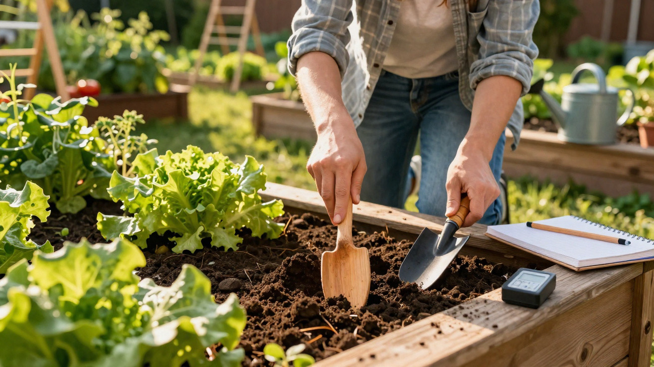 Person using small gardening tools to dig soil in a raised vegetable garden bed on a sunny day