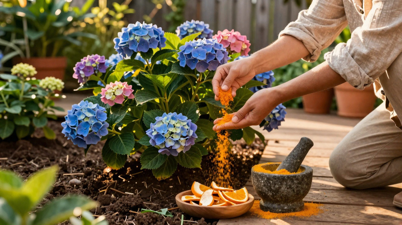 Person sprinkling orange powder near blooming pink and blue hydrangeas in a garden bed next to a wooden deck.