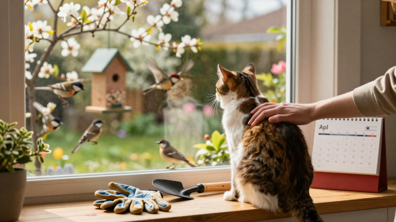 Calico cat sits on windowsill watching birds outside while a hand gently pets its back.