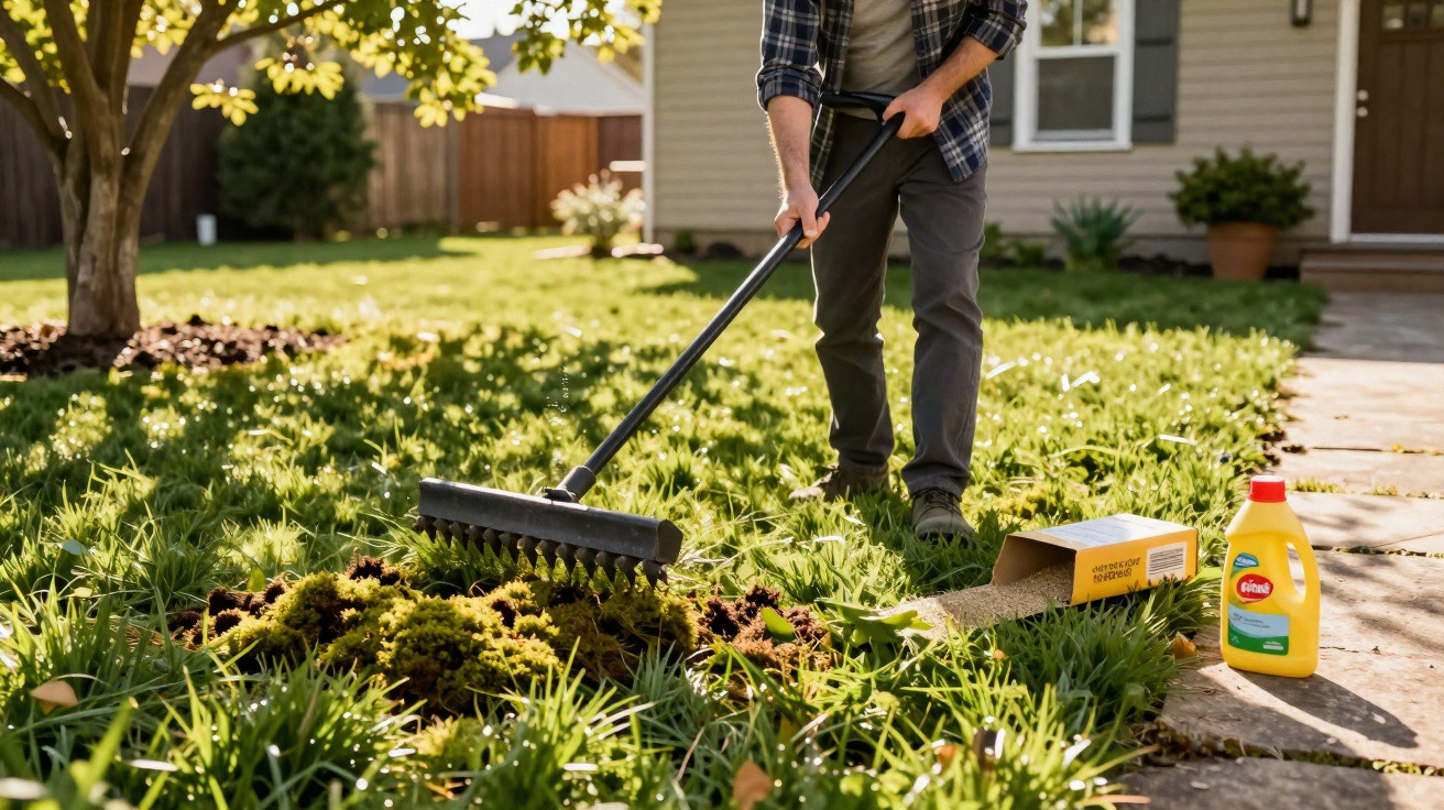 Person using a rake to spread moss in a sunlit garden with lawn feed and fertiliser beside them.