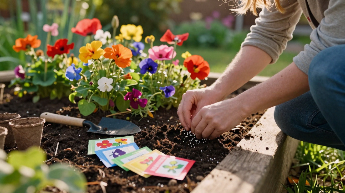 Person planting flower seeds in a garden bed with colourful flowers and seed packets nearby.