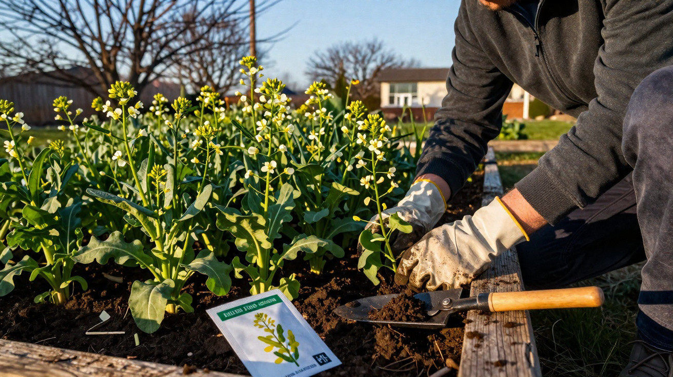 Person wearing gloves planting mustard greens in a raised garden bed with seed packet and gardening tool nearby.