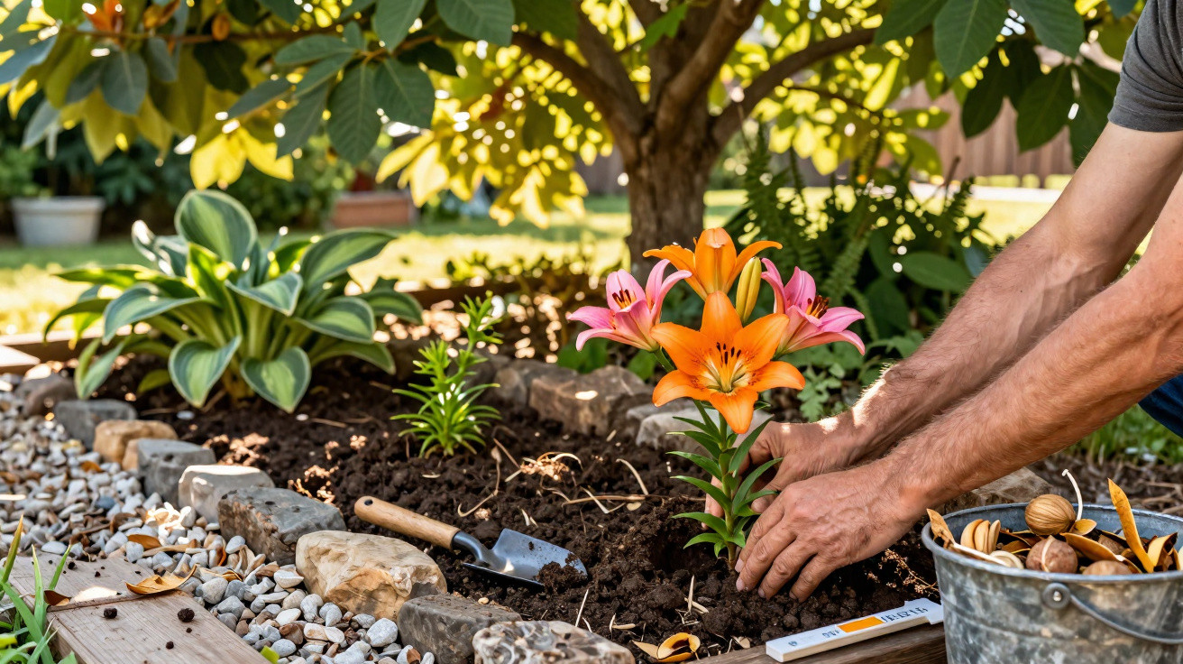 Person planting vibrant orange and pink lilies in a garden bed bordered by stones and gravel.