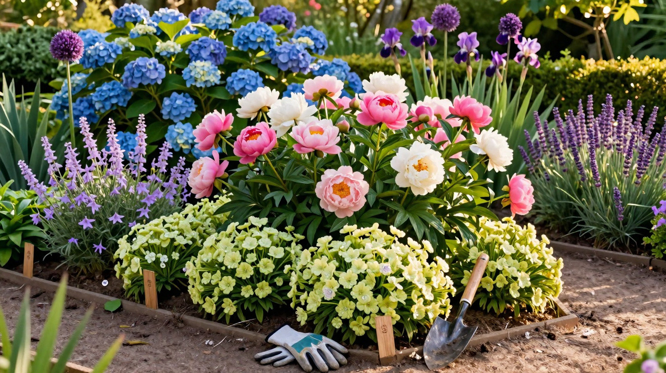 Colourful flowerbed with pink and white peonies, blue hydrangeas, purple irises, gardening gloves, and a trowel.