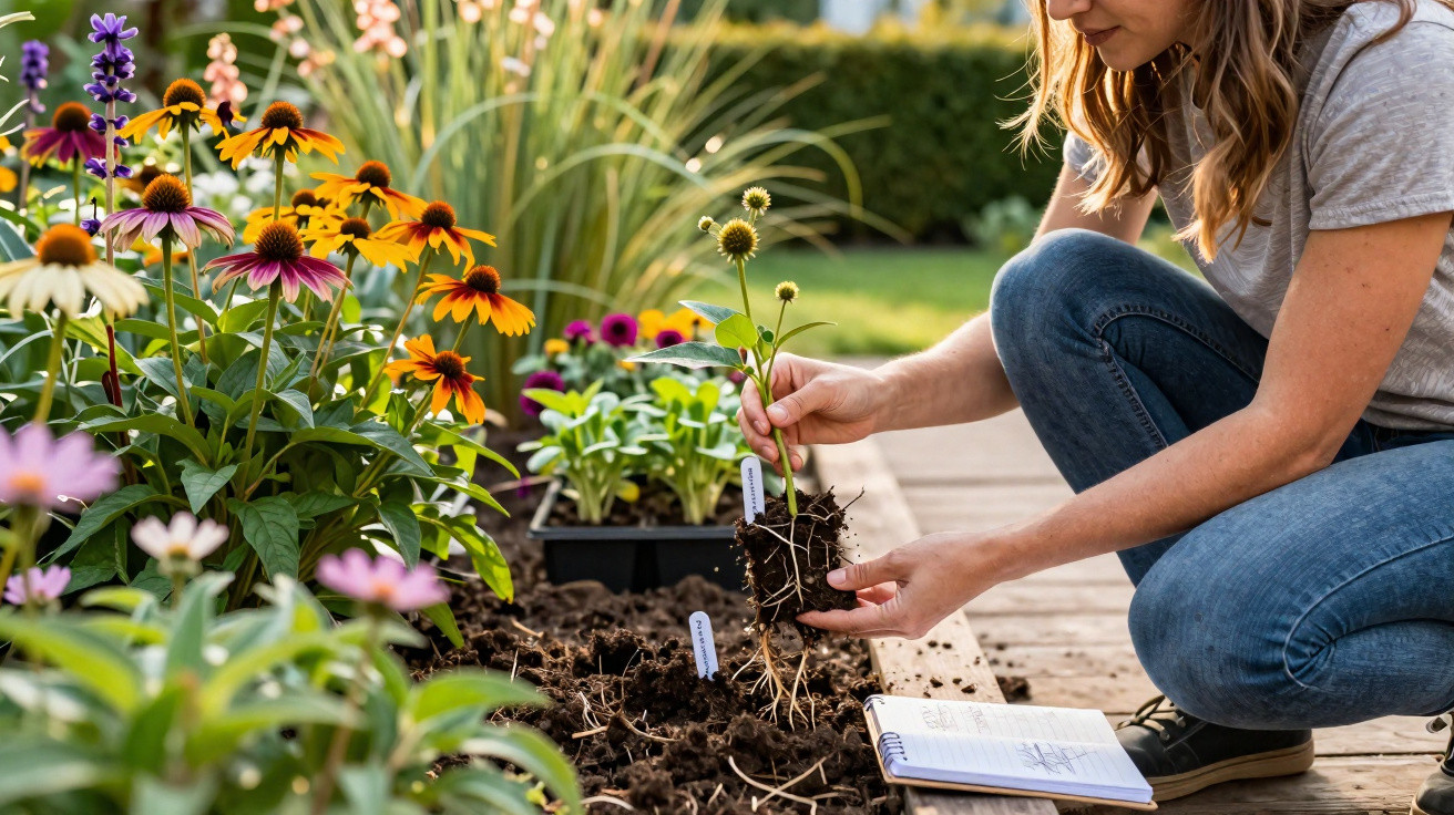 Person planting young flowers in a garden bed with colourful blooms and a notebook nearby on wooden decking.
