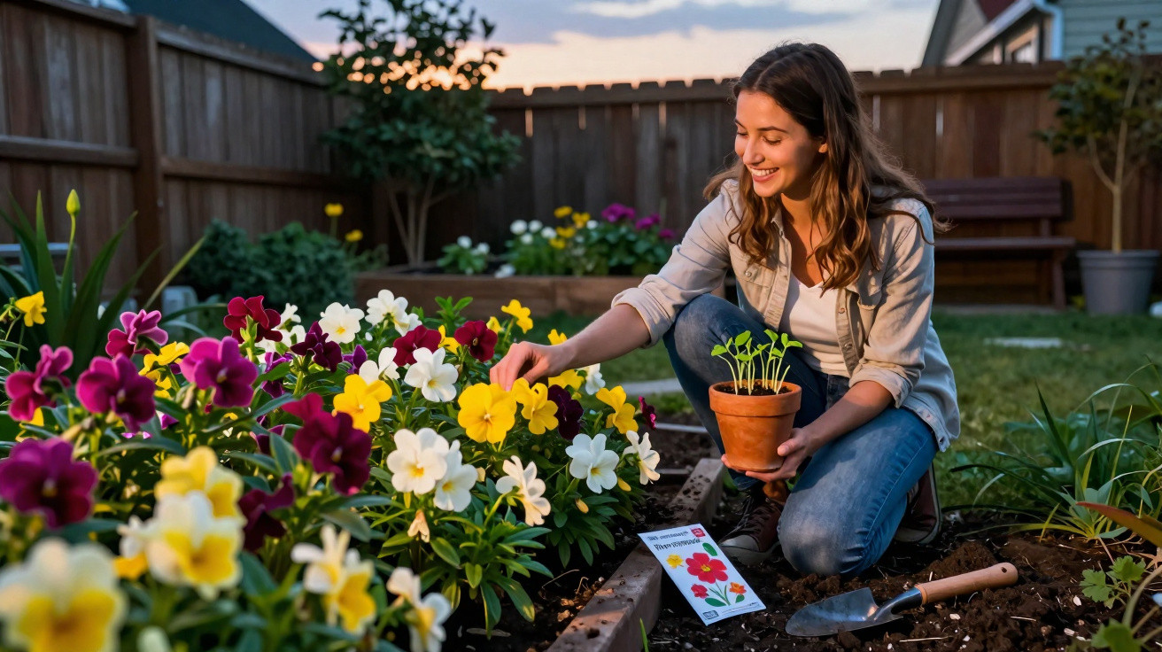 Woman kneeling in a garden bed, planting flowers with a trowel and seed packet during sunset.